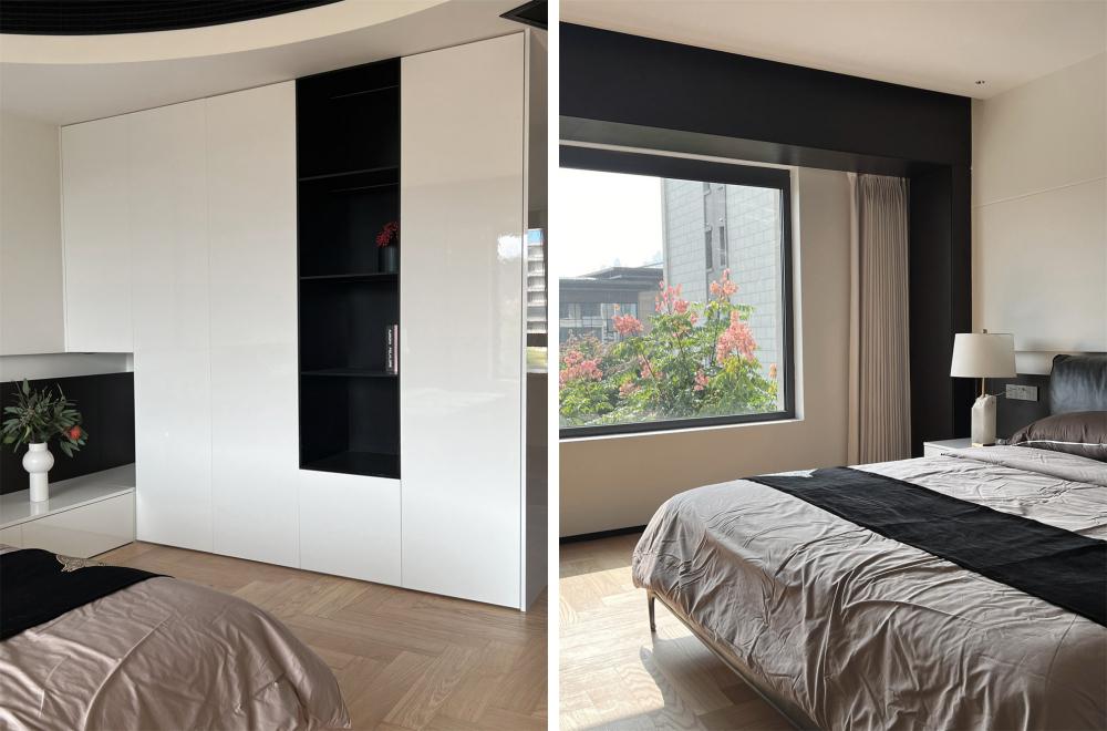 主卧顶面也用了很多弧形元素，极简里面带一些柔和,整体线条干净利落，层次多样，丰富而协调。