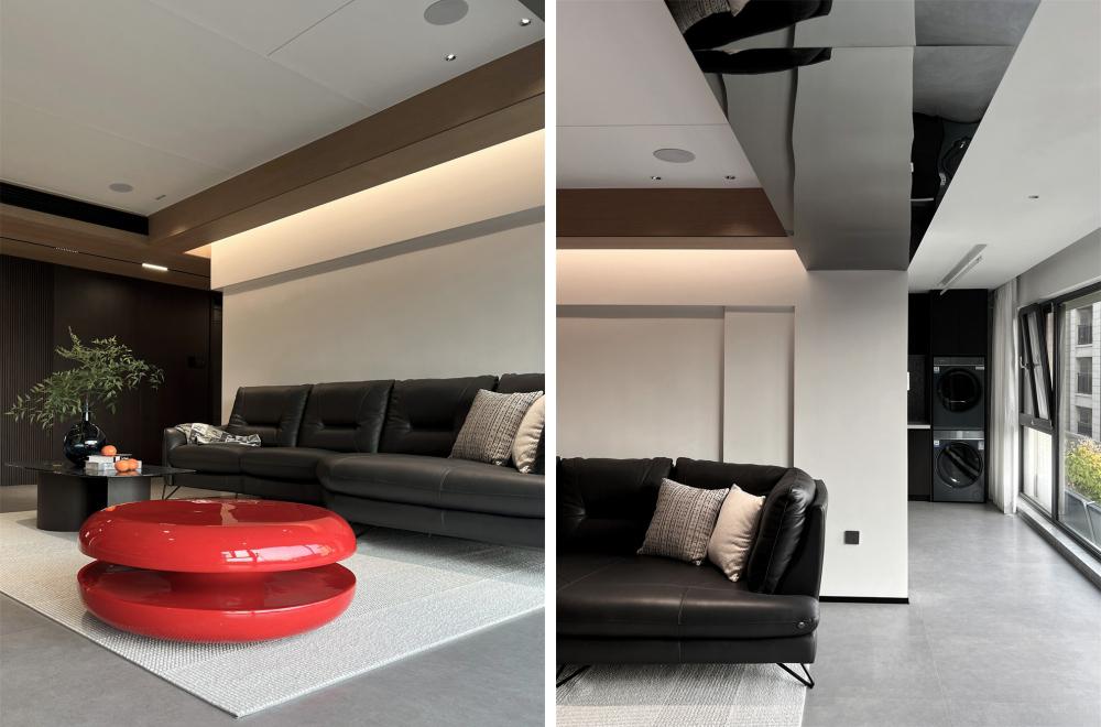 客厅除了一些木饰面,艺术漆之外，还用了一些镜面不锈钢，弱化梁体之余增加了奇幻的感受，有一些铝制格栅和发光灯膜，层次丰富呼应，大胆的配用了红色元素，使整个空间灵动。